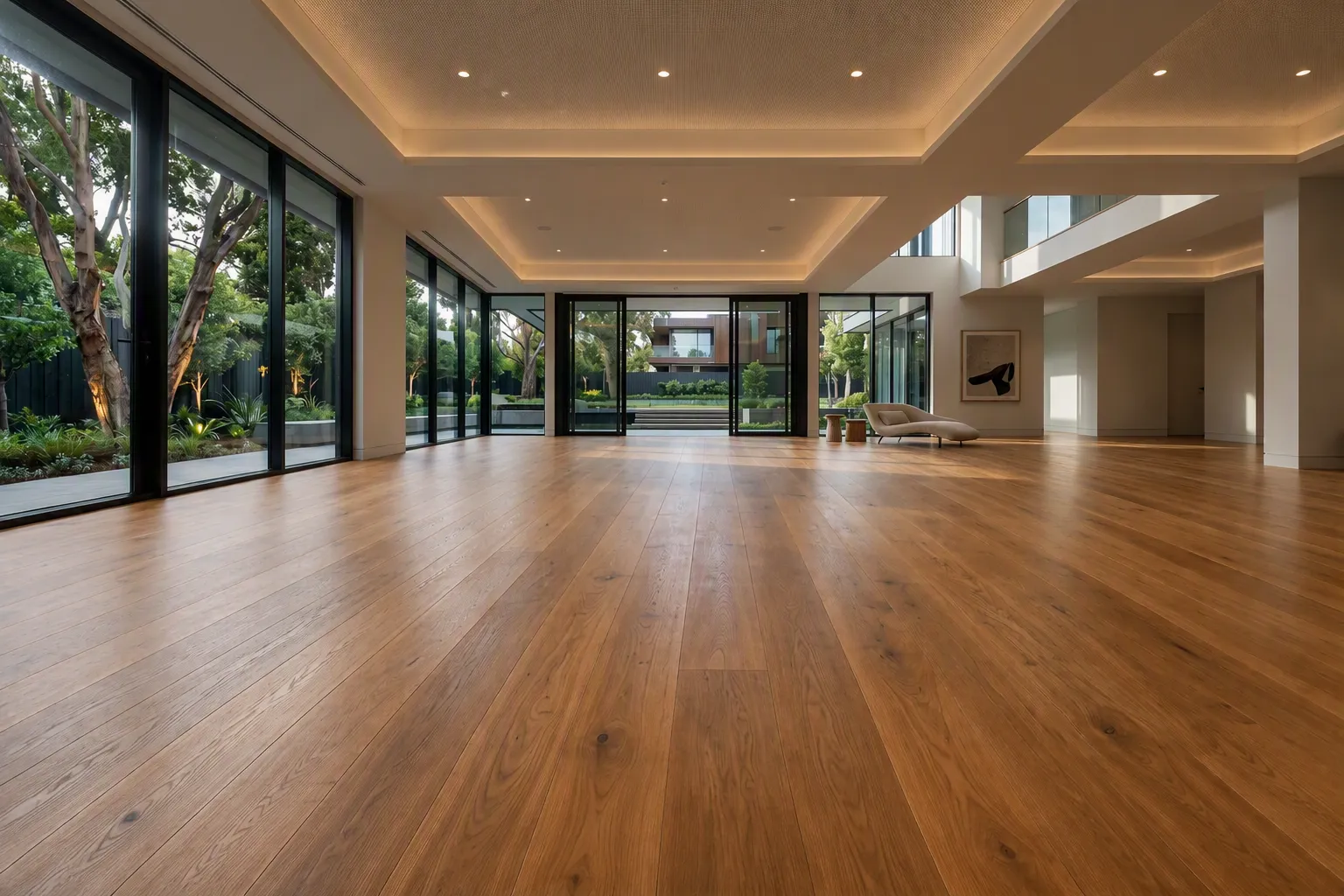 A Melbourne living room with wide timber boards running towards the glazed wall